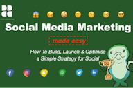 Green graphic with the text “Social Media Marketing made easy” and icons of major social platforms, emojis, and a cartoon mascot holding a trophy.
